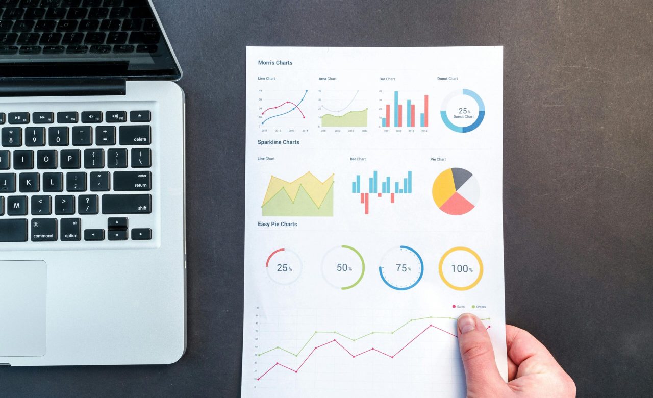 Detailed charts and graphs on a document next to a laptop, representing data analysis.